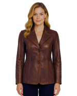 Women's Two Button Cognac Leather Blazer with model