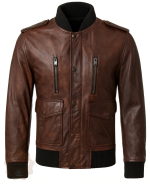 Cristiano Ronaldo Brown Bomber Leather Jacket front