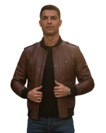 Cristiano Ronaldo Jacket Brown Bomber Leather with Ronaldo
