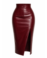 Burgundy Leather Skirt Outfit – Real Leather Midi Skirt front