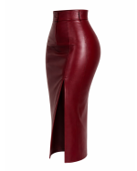 Burgundy Leather Skirt Outfit – Real Leather Midi Skirt side
