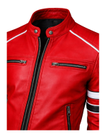 Men’s Red Café Racer Leather Jacket with Racing Stripes Close Up