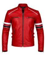Men’s Red Café Racer Leather Jacket with Racing Stripes Front