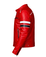 Men’s Red Café Racer Leather Jacket with Racing Stripes Side