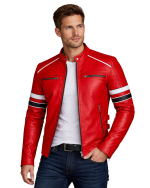 Men’s Red Café Racer Leather Jacket with Racing Stripes With Model