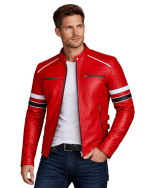 Men’s Red Café Racer Leather Jacket with Racing Stripes for home page