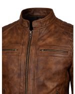 Men’s Vintage Distressed Brown Café Racer Leather Jacket closeup