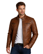 Men’s Vintage Distressed Brown Café Racer Leather Jacket with model