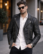 Leather Currier Men Black Real Leather Belted Biker Jacket with model