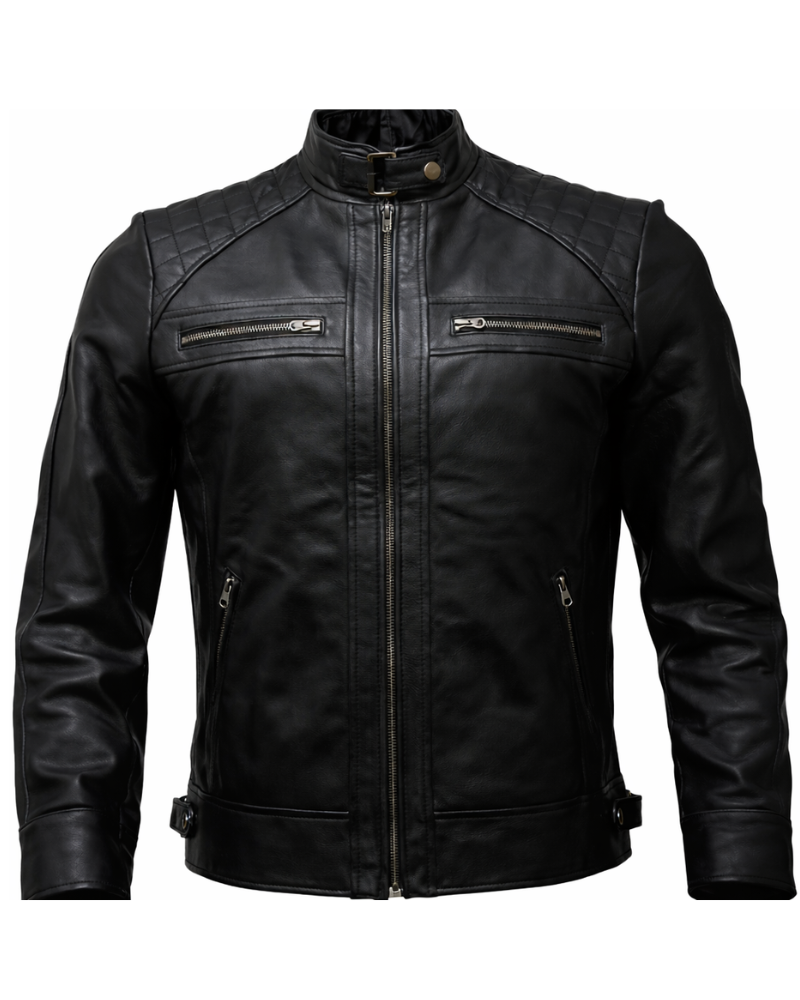 Leather Currier Men Black Real Leather Quilted Shoulder Biker Jacket front Leather Currier Men Black Real Leather Quilted Shoulder Biker Jacket front