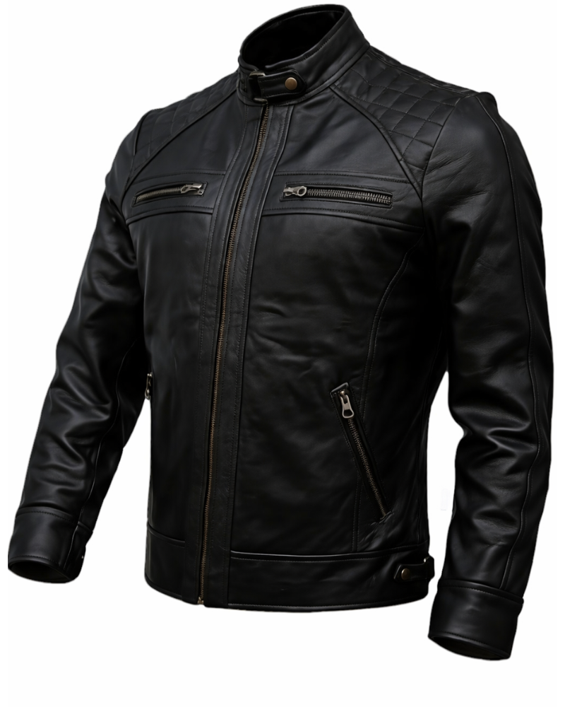 Leather Currier Men Black Real Leather Quilted Shoulder Biker Jacket side