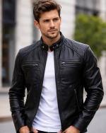 Leather Currier Men Black Real Leather Quilted Shoulder Biker Jacket with model Leather Currier Men Black Real Leather Quilted Shoulder Biker Jacket with model