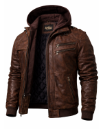 Leather Currier Men Brown Leather Motorcycle Jacket Removable Hood