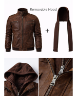 Leather Currier Men Brown Leather Motorcycle Jacket Removable Hood all pics