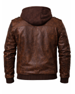 Leather Currier Men Brown Leather Motorcycle Jacket Removable Hood back
