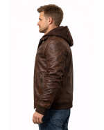 Leather Currier Men Brown Leather Motorcycle Jacket Removable Hood side with model