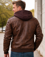 Leather Currier Men Brown Leather Motorcycle Jacket Removable Hood with model