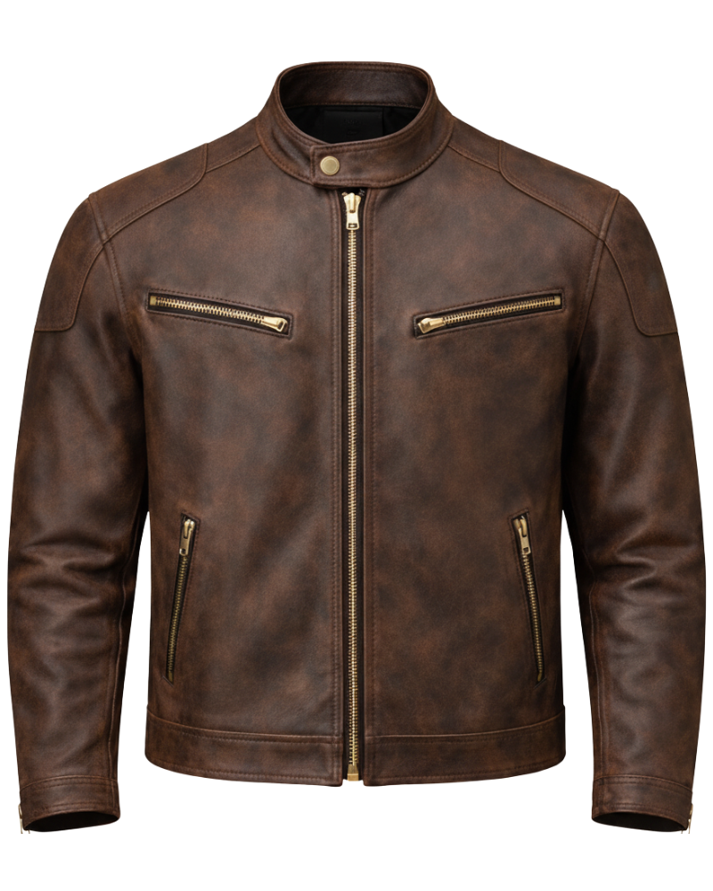Leather Currier Men Brown Real Leather Biker Jacket Steve Rogers Civil War Style front