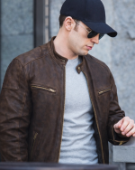 Leather Currier Men Brown Real Leather Biker Jacket Steve Rogers Civil War Style with model