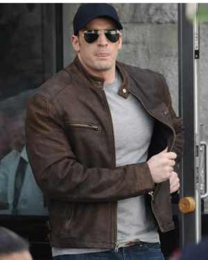 Leather Currier Men Brown Real Leather Biker Jacket Steve Rogers Civil War Style with model 2