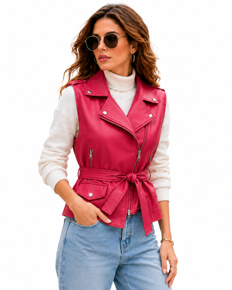 Leather Currier Women Bold Pink Leather Vest With Belt Front3