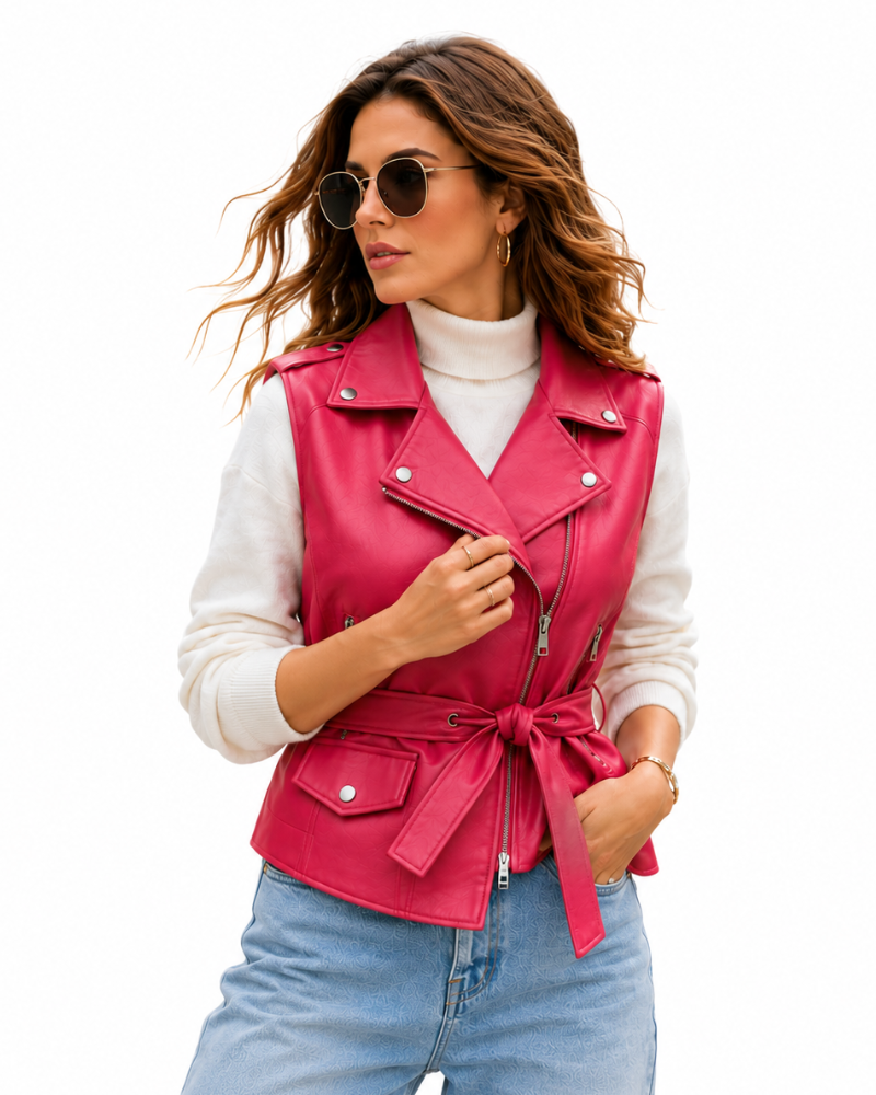 Leather Currier Women Bold Pink Real Leather Vest Front2