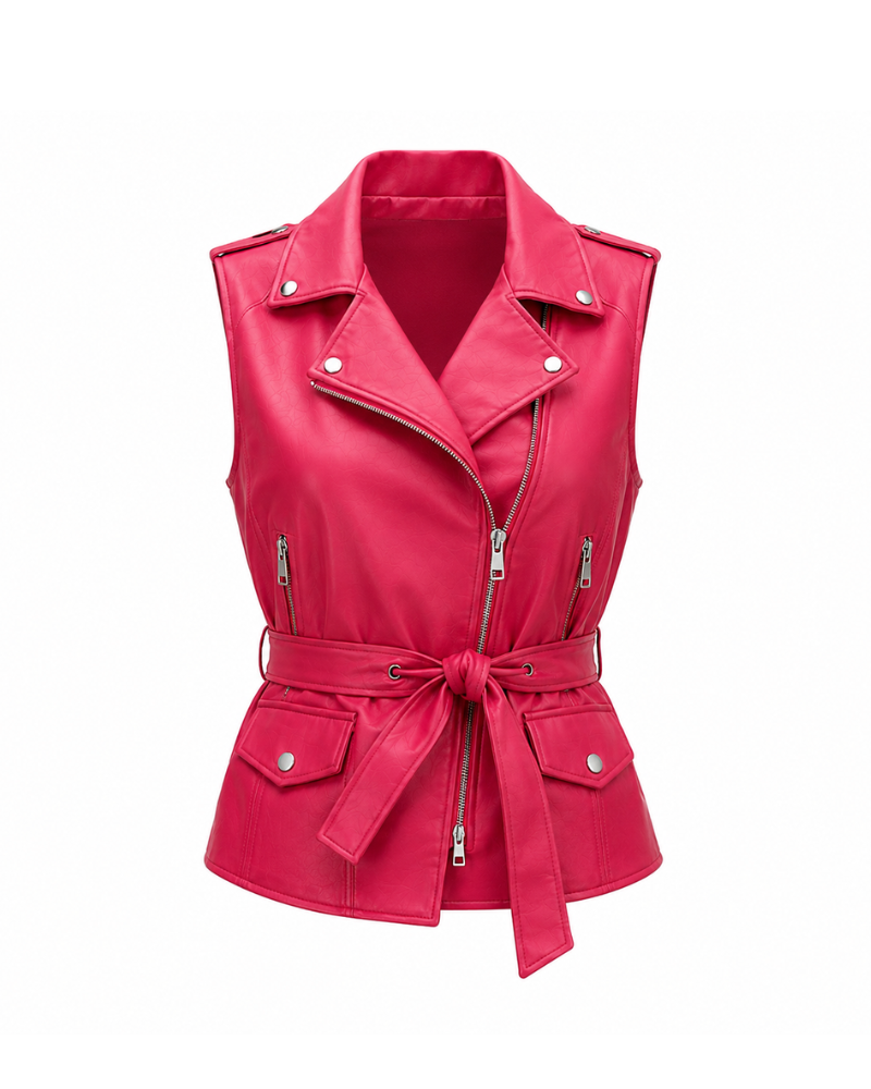 Leather Currier Women Bold Pink Leather Vest With Belt