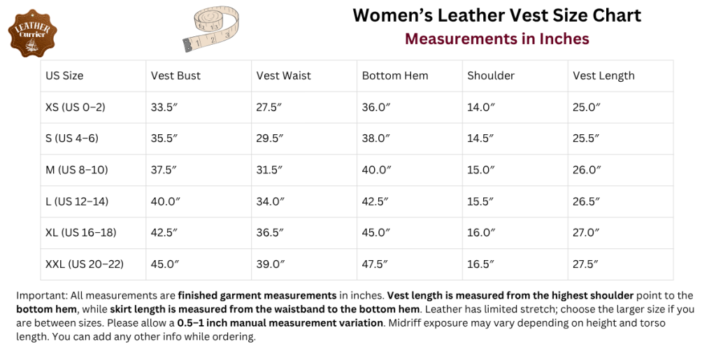 Women’s Leather Vests Size Chart