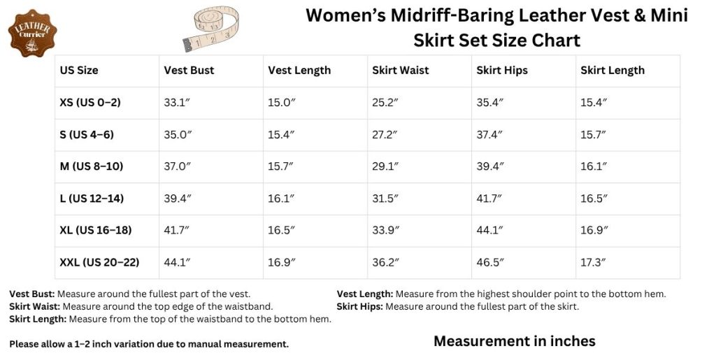 Women’s Midriff-Baring Leather Vest & Mini Skirt Set Size Chart